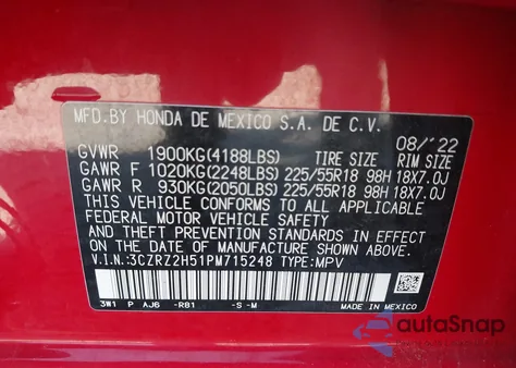 2023 Honda Hr-V Awd Sport z USA, uszkodzony, nr VIN 3CZRZ2H51PM715248